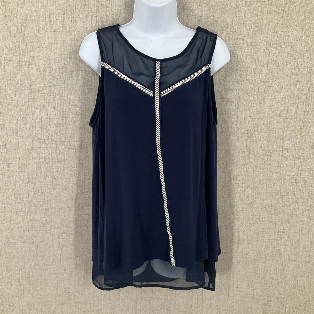 Pleione Tank Top Womens Large Navy Blue Mesh Yoke Layered Hem Minimalist